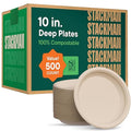 Deep Dish Paper Plates, Heavy Duty Disposable Dinner Plates [500-Pack] 10 Inch Plates - 100% Compostable Eco-Friendly, Biodegradable Sugarcane Bagasse, Natural Brown 10" Paper Plate Disposable