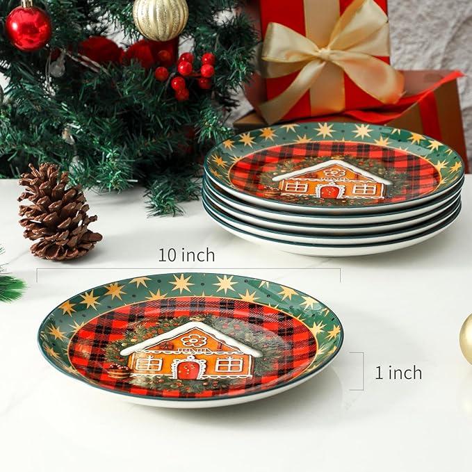 Ceramic Dinner Plates Set of 6,Stoneware 10 Inch,Microwave,Dishwasher and Oven Safe,Porcelain Dessert Plates for Steak,Dishes Set for Kitchen,New Year Gift,Scratch Resistant,Christmas