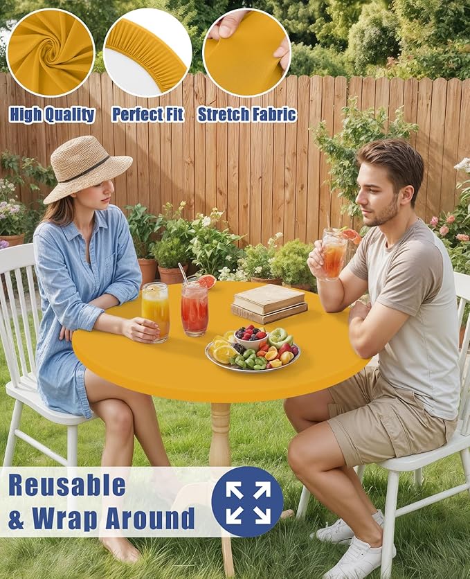 Round Spandex Tablecloth, Elastic Fitted Waterproof Tablecloths for 45"-56" Tables, Stretch Washable Picnic Table Cover for Camping, Dining, Indoor and Outdoor, Mustard Yellow
