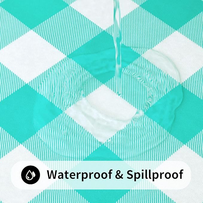 Smiry Rectangle Picnic Table Cloth, Elastic Waterproof Fitted Vinyl Tablecloths, Flannel Backed Buffalo Plaid Table Covers for Dining, Camping, Outdoor (White and Teal, 30" x 96")