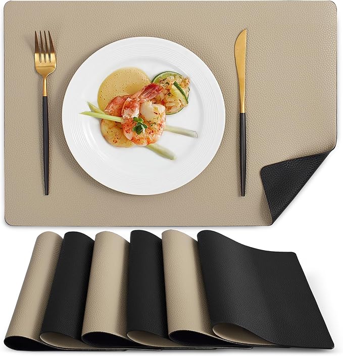 MOSAYT Vinyl Placemats Set of 6, Heat Resistant Place Mats 100% Waterproof Washable & Wipeable Faux Leather Reversible Table Mats for Kitchen Dining Party Indoor Outdoor, 12" x 17", Black/Khaki