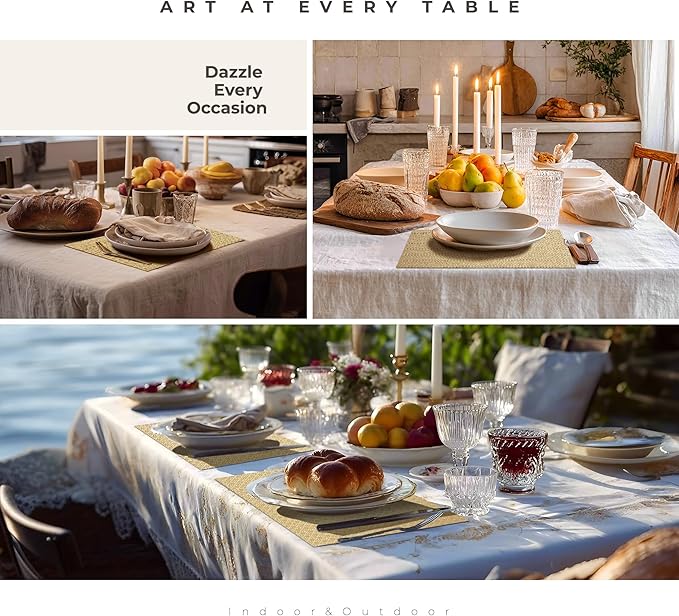 Leetaltree Luxury Gold Sequin Placemats Set of 12 - Waterproof Washable for Wedding, Anniversary, Daily Use - Sparkling Table Decor - Hand-Cut