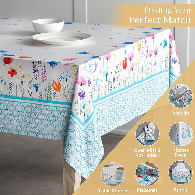 Maison d' Hermine Table Cloth Rectangle Table 100% Cotton 60 x 90 Inches Tablecloth Reusable Decorative for Dining Room Farmhouse Home Valentines Day Decorations Spring Summer - Flower in The Field