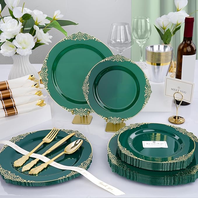 350 PCS Green and Gold Plastic Plates, Plastic Dinnerware Set for 50 Guests, 100 Disposable Plates, 150 Silverwares, 50 Cups, 50 Napkins for Party, Wedding, Graduation
