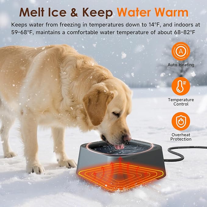 Heated Water Bowl for Dogs & Cats, 3.5L/120oz Large Heated Dog Bowl for Pets & Poultry, Safe Anti-Tip Heated Pet Bowl for Indoor/Outdoor, Melts Ice, Wide Mouth, 25W, 5ft Anti-chew Cord, Gray