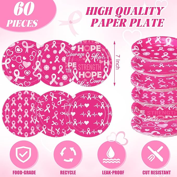 60 Pcs Breast Cancer Awareness Decorations 7 Inch Pink Ribbon Survivor Paper Plates Disposable Party Supplies Hope Love Cure Plates for Breast Cancer Awareness Month Women Charity Activities