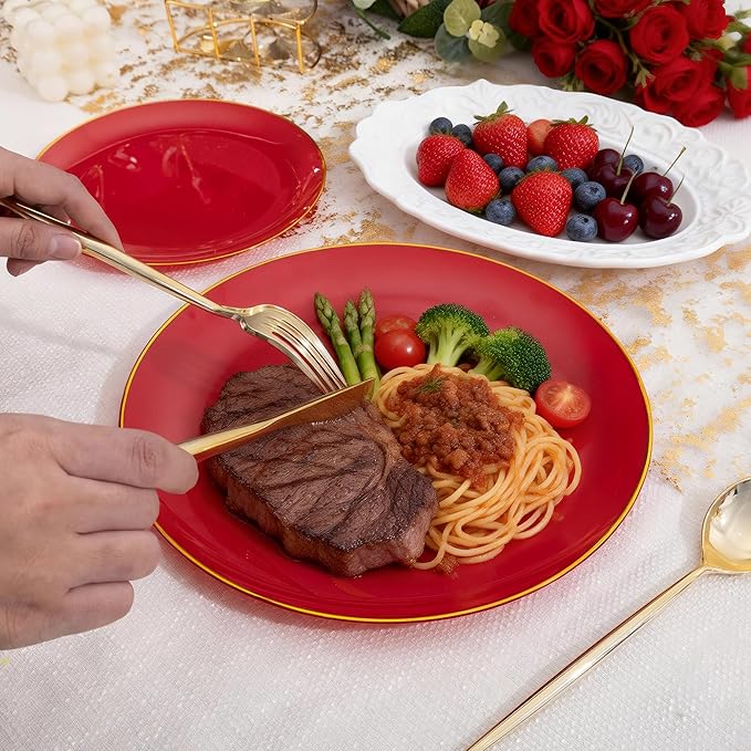I00000 150Pcs Red Plastic Plates with Gold Rim,Fancy Plastic Plates,Nice Disposable Plates Set include 30 Dinner Plate,30 Dessert Plate, 90 plastic Silverware Set for Valentine's Day