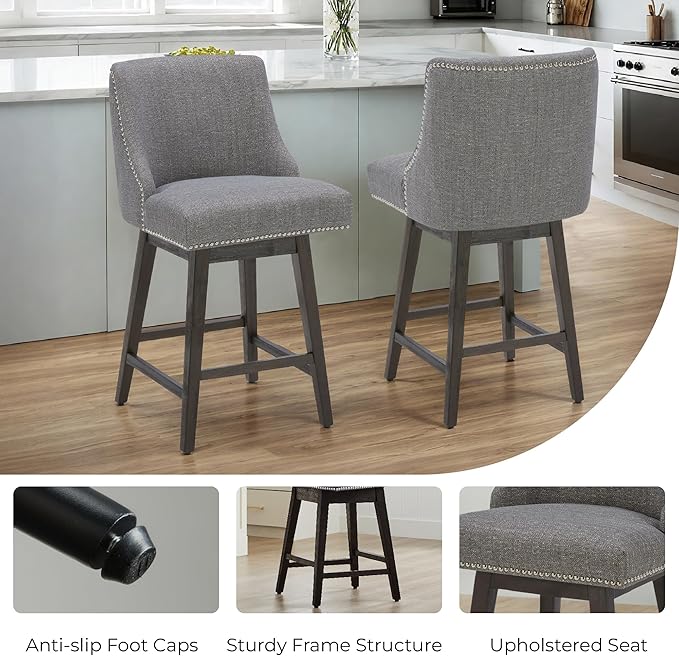 CHITA Counter Height Swivel Bar Stools Set of 2, FSC Certified Upholstered Counter Stools, Modern Swivel Barstools with Wood Legs for Kitchen Island, 26" Seat Height, Fabric in Fog