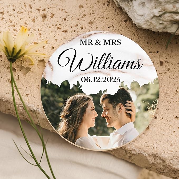 100 Pack Personalized Wedding Coasters, Custom Cardboard Coasters for Drinks with Photo Print and Text, Keepsake Wedding Favors and Gifts for Couples, 3.95" Round (Design 9)