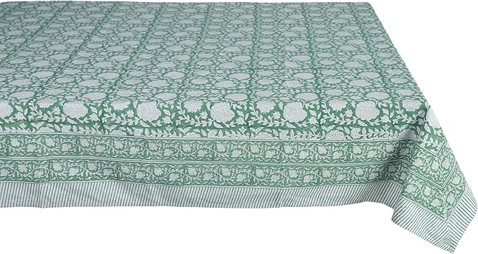 ATOSII Shalimar Green 100% Cotton Rectangle Spring Tablecloth, Handblock Floral Print Linen Table Cloth for Kitchen Dining I Parties, Outdoors, Weddings, Easter Holidays I 72 X 120 Inches I 10 Seater