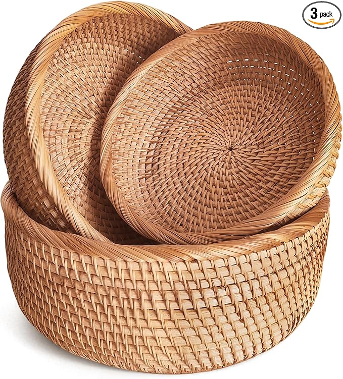 Rattan Bread Baskets for Serving, Hand Woven Food Baskets, Natural Wicker Fruit Basket for Kitchen Counter, Decorative Bread Basket for Serving, Fruits, Snacks, Candies, Nuts, Keys, Etc.(Round-Combo)