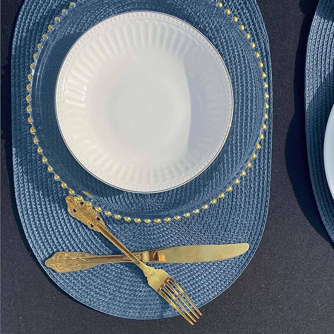 FunWheat Oval Braided Placemats Set of 6 Table Mats for Dining Tables Washable Heat Resistant Place mats for Daily Use12 x18 Inch (Oval Blue, 6pcs)