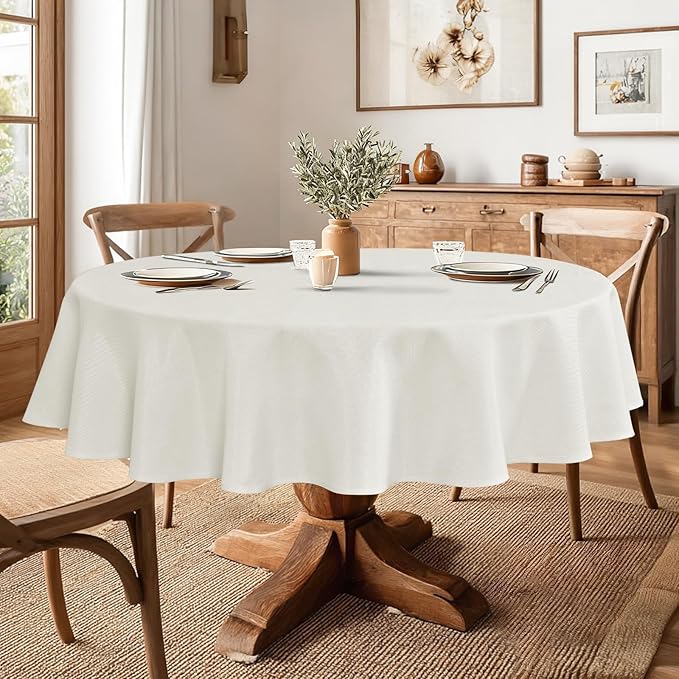 JIUZHEN Round Table Cloth Faux Linen Farmhouse Tablecloth Wrinkle and Stain Resistant Decorative Fabric Table Cover for Kitchen, Dining Room, Parties and Camping, White, 90 Inch Round