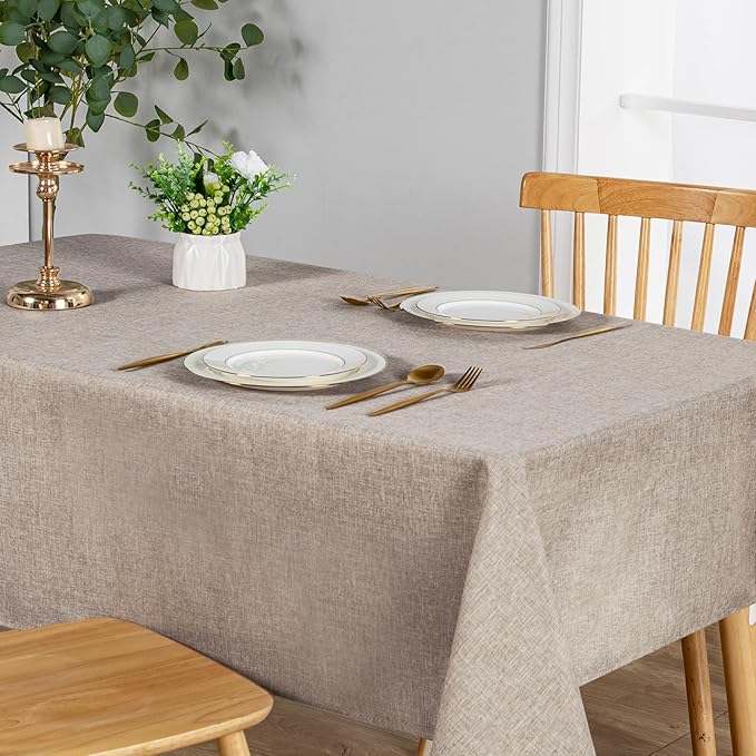 JIUZHEN 2 Pack Faux Linen Farmhouse Tablecloth Rectangular, Wrinkle Stain Resistant Table Cloth Rectangle Table Cover for Kitchen Dining, Stone, 52 x 70 Inch