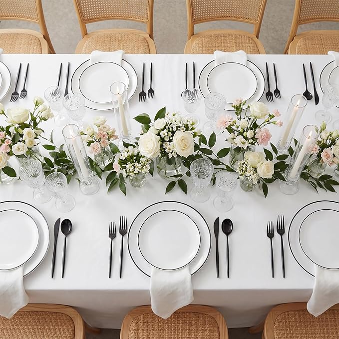 EI 180pcs White Plastic Dinnerware Set Include Black Disposable Silverware,Dinner and Dessert Plates,Cups,White Plastic Plates with Black Rim Perfect for Wedding,Birthday,Partys,Business Events,Hotel