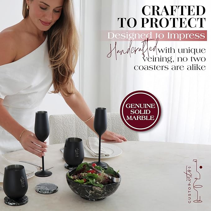Gusto Nostro Black Marble Coasters Set of 6 with Non-Slip Backing - Luxury Natural Stone Coasters for Drinks - Genuine Marble Kitchen Accessories, Round Stone Coaster for Kitchen Counter, Coffee Table