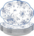 50 Pcs Blue Floral Oval Plates 10" x 12" Large Blue and White Floral Scalloped Plates Disposable Heavy Duty Vintage Flower Dessert Platters for Wedding Bridal Shower Decorations Tea Party Supplies