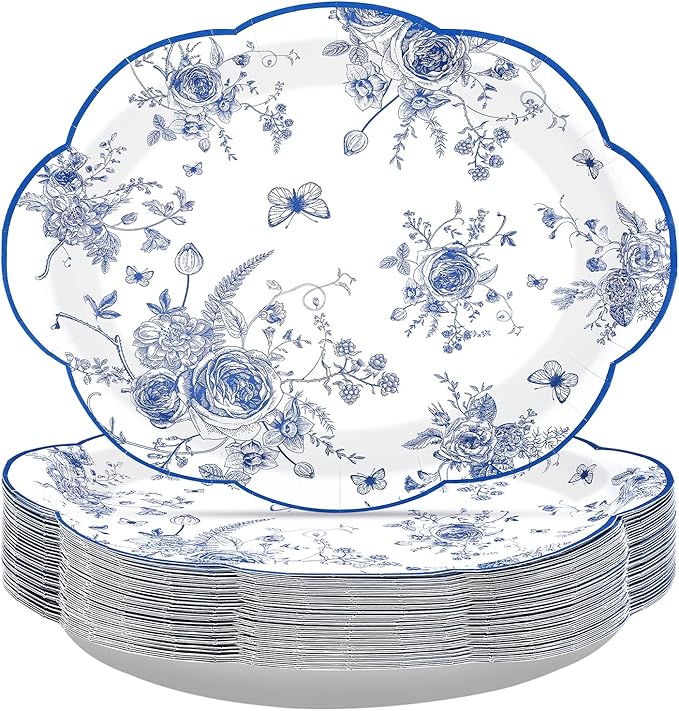 50 Pcs Blue Floral Oval Plates 10" x 12" Large Blue and White Floral Scalloped Plates Disposable Heavy Duty Vintage Flower Dessert Platters for Wedding Bridal Shower Decorations Tea Party Supplies