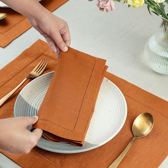 D'Moksha Homes Rust Linen Napkins Set of 8 - Classic Hemstitch 100% Pure Linen Hemstitch Dinner Napkins 20 x 20 Inch for Spring, Easter - Handcrafted and Machine Washable