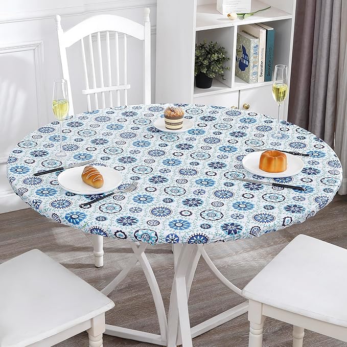 Walrus Round Vinyl Fitted Tablecloth with Flannel Backing Elastic Edge Design Table Cover Waterproof Oil-Proof PVC Table Cloth Stain-Resistant Best for 32"-36" Round