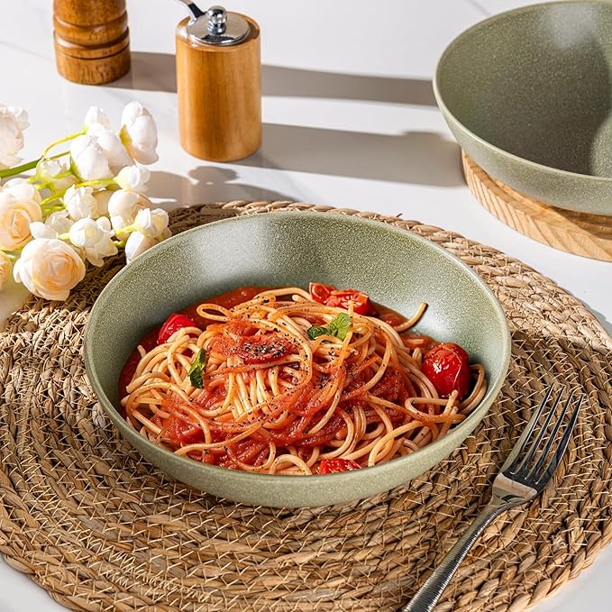 AmorArc 8.75‘’ Large Pasta Bowls, 42 ounce Deep Stoneware Bowls Set of 4 for Kitchen, Wide Bowl for Pasta/Salad/Fruit/Oatmeal/Soup, Microwave&Dishwasher Safe-Matte Olive Green