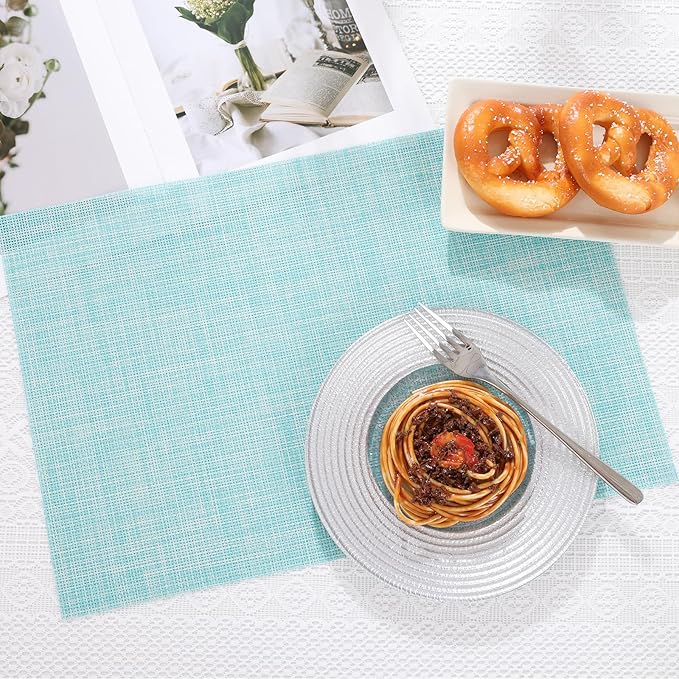SHACOS Placemats Set of 4 Woven Vinyl Place Mats Wipeable Heat Resistant Washable Plastic Table Mats Indoor Outdoor, Blue