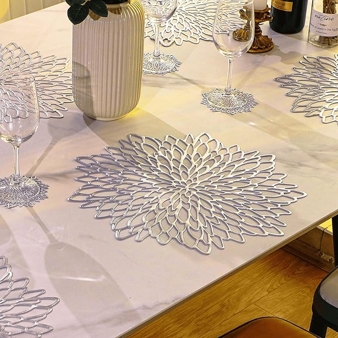 Snowkingdom 18 Pack Silver Placemats Metallic Glitter Vinyl Dinning Table Mats, Decorative Round Leaf Charger Bulk for Winter Thanksgiving Christmas Party Holiday Festive