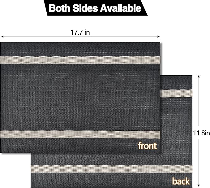 SLKQG Black Placemats Set of 6 - Easy Clean Modern Durable Washable Vinyl Place Mats - Heat Resistant Placemats for Kitchen Table - PVC Table Mats for Dining Table (Black with Stripes, 6)