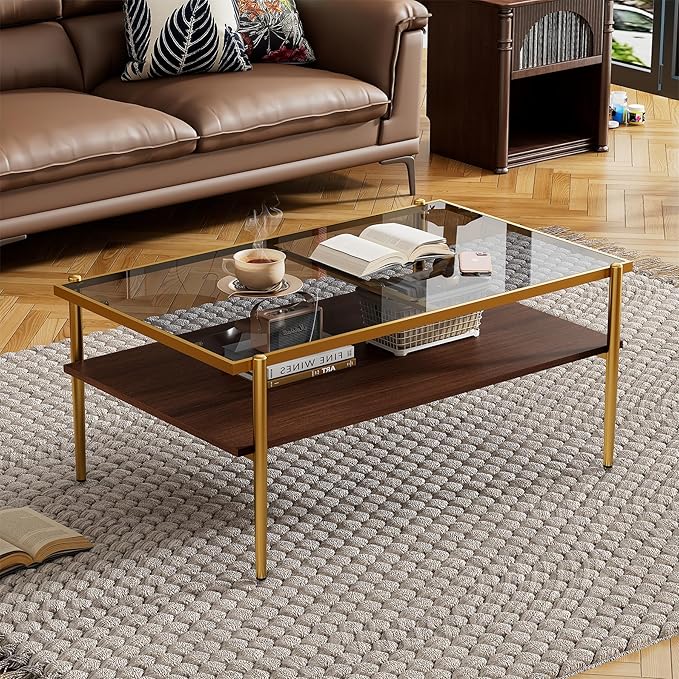 Mid Century Modern 2-Tier Coffee Table with Gray Tempered Glass Top & Wood Storage Shelf – Space-Saving Center Table for Living Room, Apartment & Small Spaces (Golden)