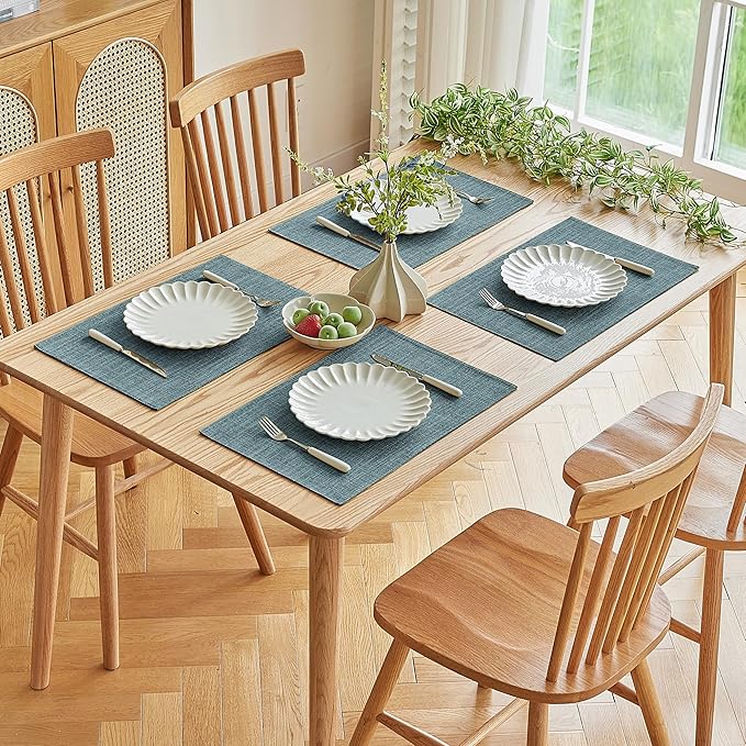 Softalker Faux Linen Placemats Set of 12-12 x 18 Inch, Heat Resistant Double Layered Durable Burlap Farmhouse Place Mats, Non-Slip Washable Rustic Table Mats for Dining, Kitchen, Party（Light Blue