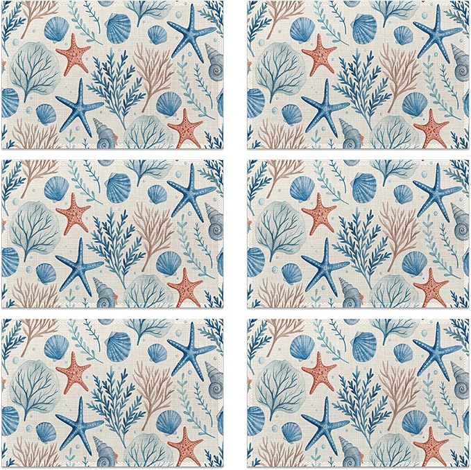Watercolor Coral Starfish Shell Placemats Set of 6, Washable Table Mats for Kitchen Dining Table, Linen Place Mats for Party Holiday Decoration, Teal Ocean Retro