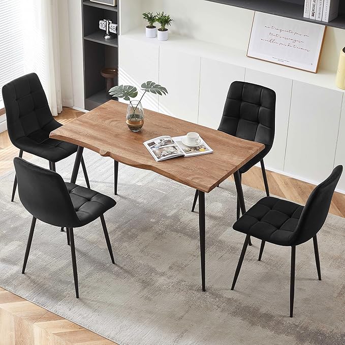 Rectangular Dining Table Set with Upholstered Chairs - Modern Kitchen Table and Chairs Set of 4 for Small Spaces - Black