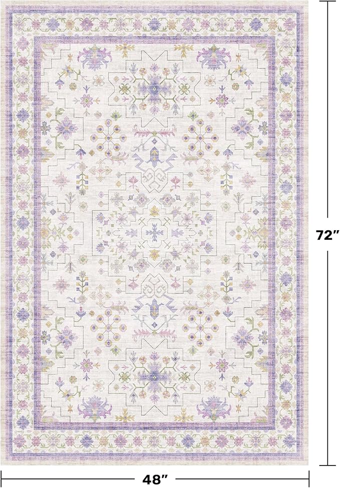 Purple Rugs for Girls Bedroom, Non Slip Machine Washable 4x6 Floral Area Rug for Nursery Kids Room, Living Room, Low Pile Lavender Girly Dorm Pastel Décor