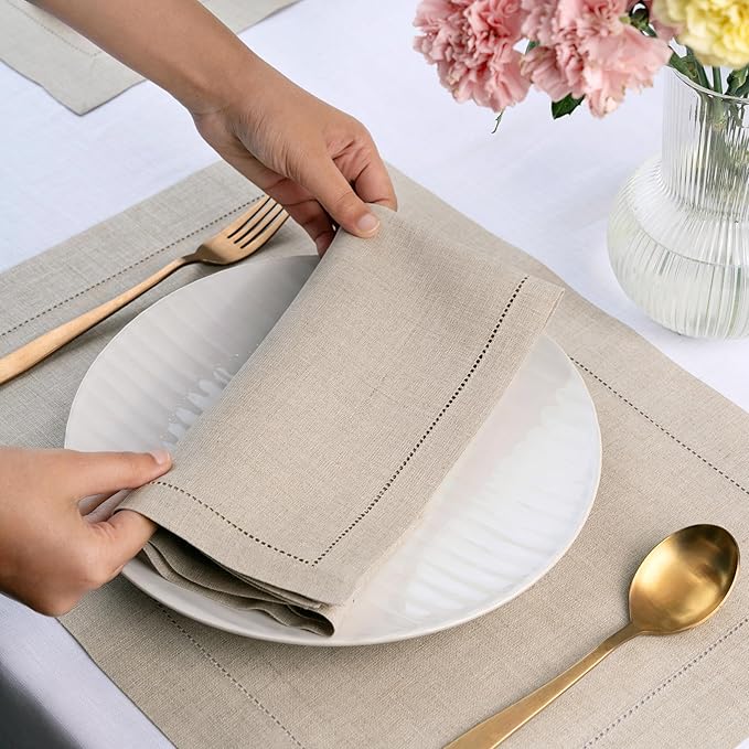 D'Moksha Homes Natural Linen Napkins Set of 8 - Classic Hemstitch 100% Pure Linen Hemstitch Dinner Napkins 20 x 20 Inch for Valentines, Spring, Easter - Handcrafted and Machine Washable