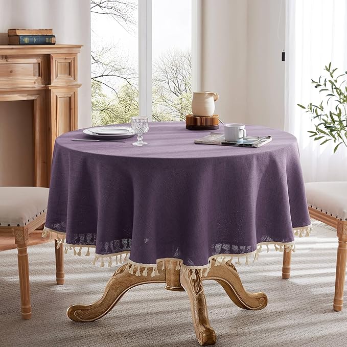 Linen Tablecloth with Tassels, Farmhouse Style Purple Tablecloth, Water Resistant Burlap Tablecloths for Round Table, 60 Inch Round Purple