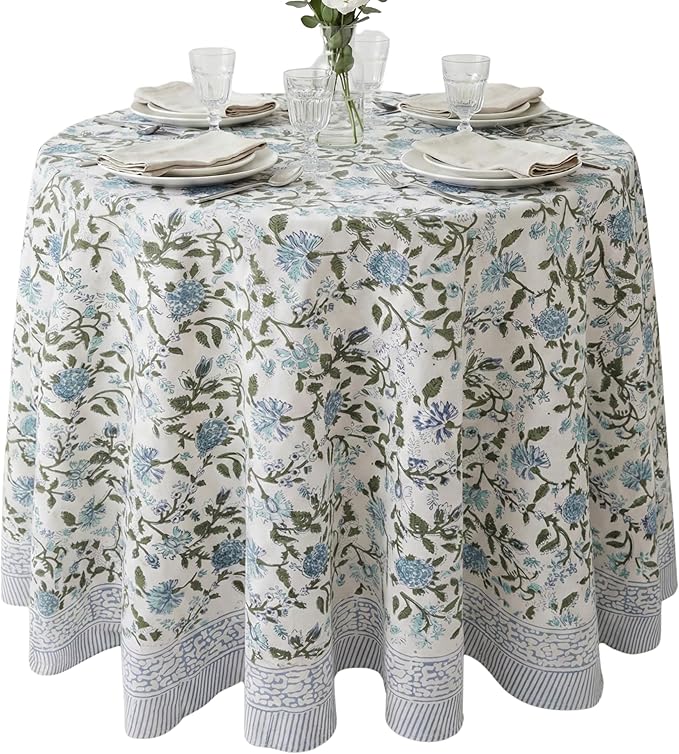 ATOSII Mahoka Blue 100% Cotton Round Tablecloth, Block Print Floral Table Cloth for Dining, Parties, Weddings, Outdoors, Holidays I 90" Inches, 6 Seater I Grandmillennial Farmhouse Boho Summer