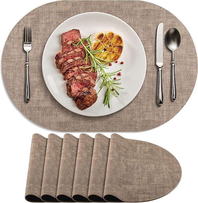 Placemats Set of 6 Non Slip, Heat Resistant Oval Faux Leather Place mats Double Layer, Waterproof Table Mats Easy to Clean for Kitchen Dining Room Coffee Office Table, Apricot