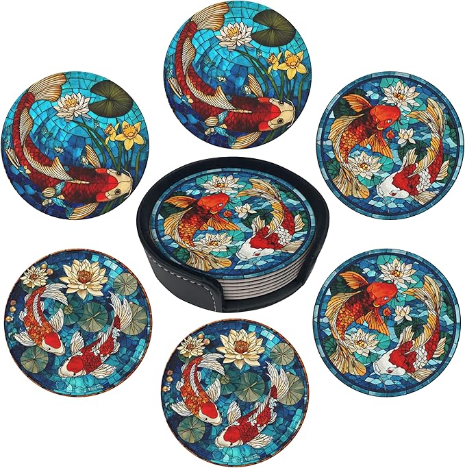 Fish Coasters Leather Round Drink Coasters 6 Pcs Set with Holderor for Cup Drink Coffee Table Bar Home Decor