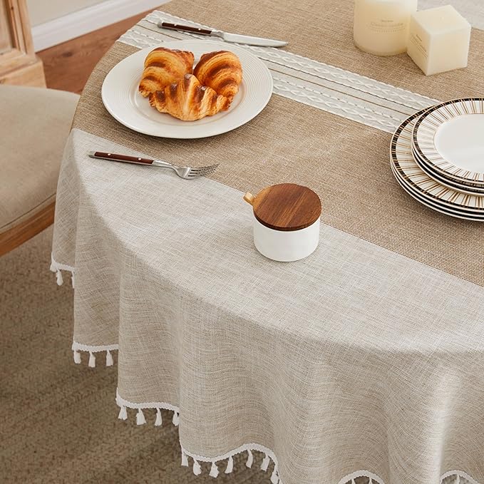 ZeeMart Contrast Linen Round Tablecloth 52 Inch Mid-Stripe Brown, Farmhouse Style Round Table Cloth Heavy Weight Beige Tablecloths, Water Resistant Burlap Table Cloths