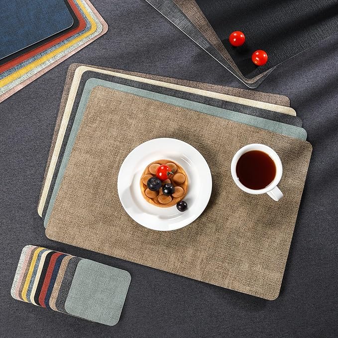 Myir JUN Placemats Dual Sided, Faux Leather Place Mats Set of 6 Indoor for Dining Table Non-Slip Washable Wipeable Heat Resistant Outdoor Table Mats (Gray Sage Green, Set of 6)