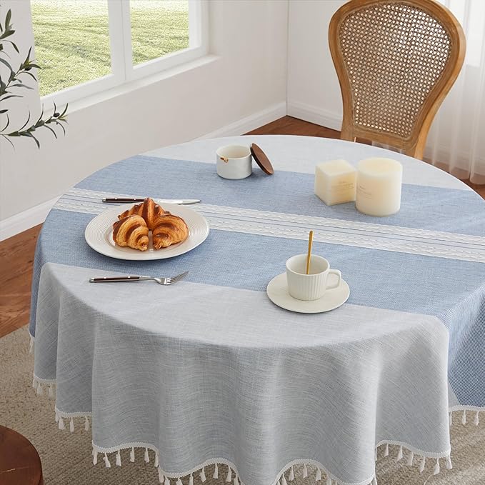 ZeeMart Contrast Linen Round Tablecloth 52 Inch Mid-Stripe Blue, Farmhouse Style Round Table Cloth Heavy Weight Dusty Blue Tablecloths, Water Resistant Burlap Table Cloths