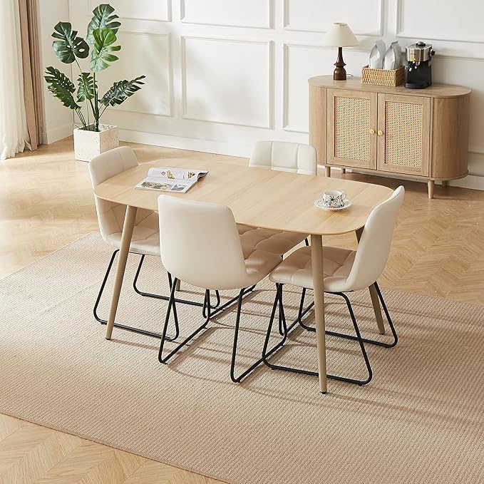 55'' Scratch Resistant Modern Wood Dining Table for 4 with Leather U-Shaped Chairs - Kitchen Dining Room Furniture (Easy to Assemble, Pet Friendly Surface, White Chair