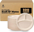 GUSTO [Case of 500 10 Inch Heavy-Duty 100% Compostable, 3 Compartment Eco-Friendly, Disposable Sugarcane Paper Plates - Brown Unbleached (Formerly Comfy Package)