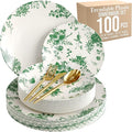 Trendables Fancy Plastic Dinnerware Sets 100 Pc Set 20 Guests Gold Silverware Disposable 20 X 10 Inch Charger Plates 20 X 8 Inch Dessert Plates 20 x Gold Plastic Forks and Spoons Knives In Verdure