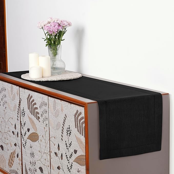D'Moksha Homes Linen Black Table Runner 48 Inches - Classic Hemstitch, 100% Pure Linen Coffee Table Runner 14 x 48 Inch Ideal for Dresser Tables - Spring, Easter