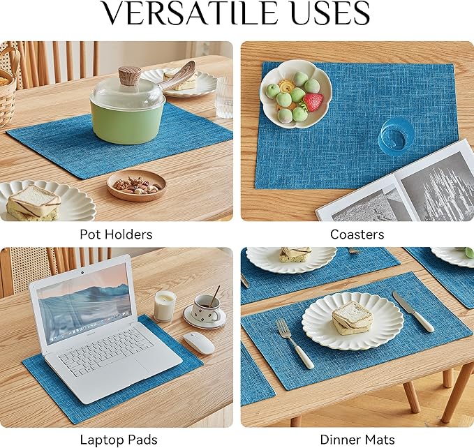 Softalker Faux Linen Placemats Set of 4-12 x 18 Inch, Heat Resistant Double Layered Durable Burlap Farmhouse Place Mats, Non-Slip Washable Rustic Table Mats for Dining, Kitchen, Party（Sky Blue