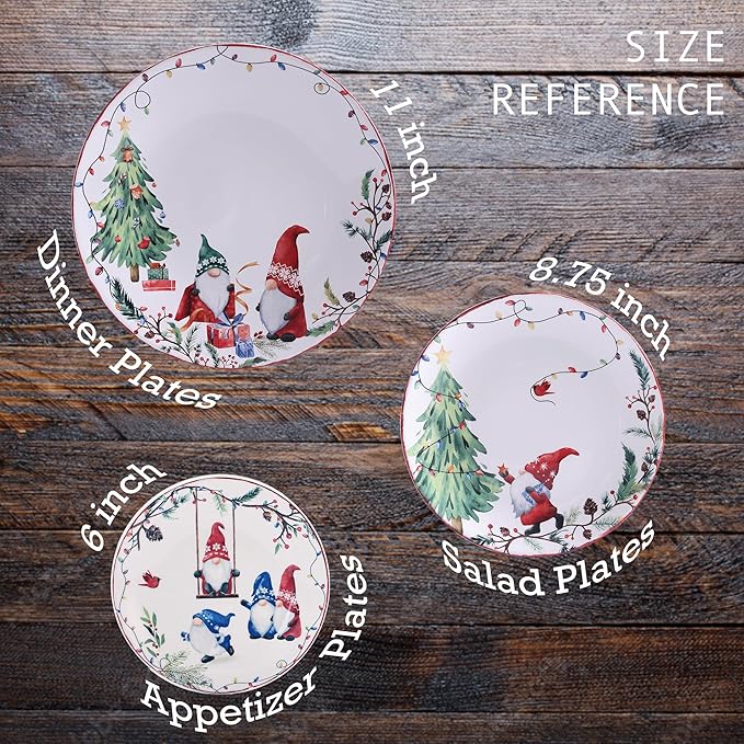Bico Christmas Gnomes Salad Plates Set of 4, 8.75 Inch Ceramic Dessert Plates for Salad, Appetizer, Side Dishes, Microwave and Dishwasher Safe, Gift for Housewarming and Christmas