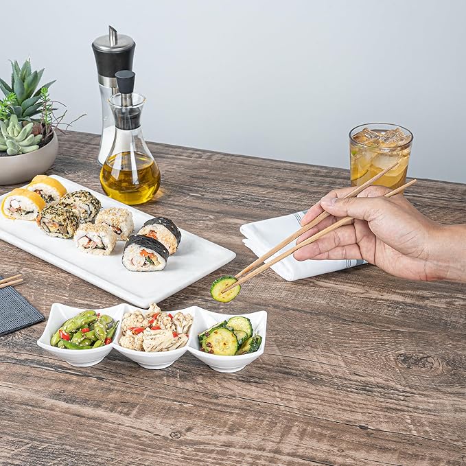 Restaurantware Voga 8.5 Ounce Divided Serving Dishes 10 Square Condiment Serving Dishes - 3 Compartments Serve Appetizers Snacks Dips Or Dressings White Melamine 3 Compartment Dishes
