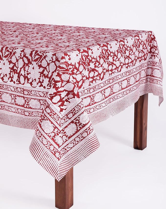 ATOSII Meraki Red 100% Cotton Tablecloth, Handblock Print Rectangle Table Cover for Kitchen Dining I Tabletop Linen I Thanksgiving, Christmas, Wedding, Fall Table Cloth 72 X 140 Inches I 12 Seater