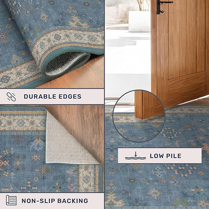 Washable Blue Rugs for Entryway Indoor - 3x5 Throw Rug for Large Kitchen, Bedroom Bedside, Laundry Room, Mudroom, Boho Eclectic Modern Décor, Non Slip Low Pile Fade Resistant